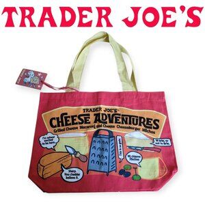 Trader Joes Cheese Adventures Cotton Tote Bag Red Yellow Handles NWT Reusable